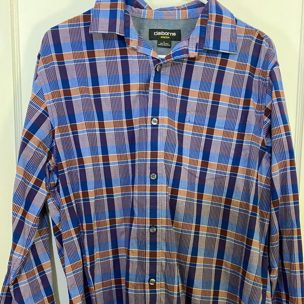 Claiborne Stretch Long Sleeve - Light and dark blues and browns.